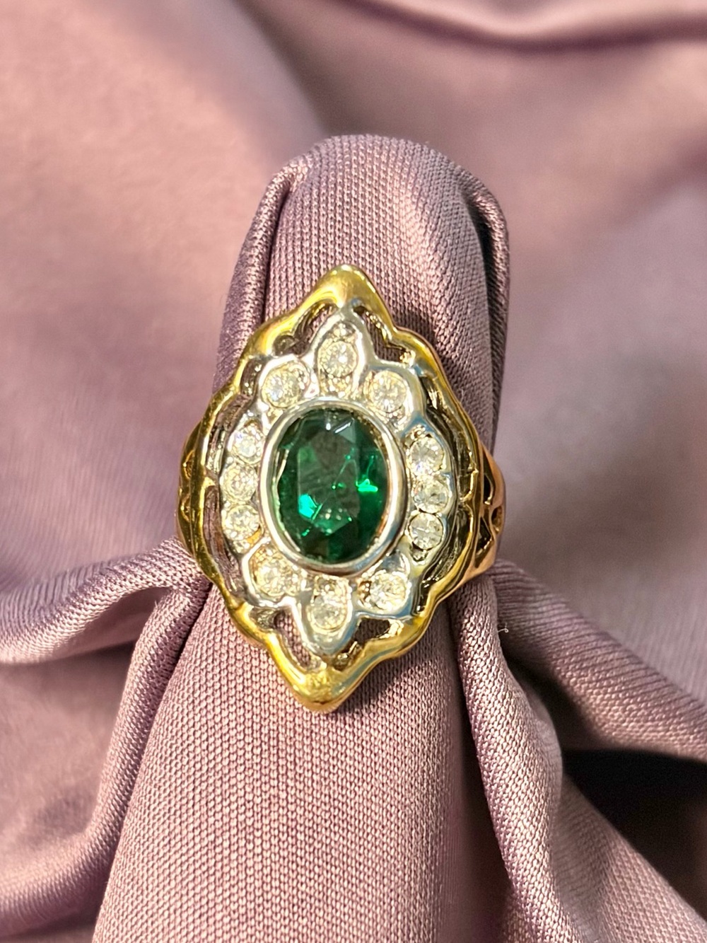 Art deco style ring with green and white stones